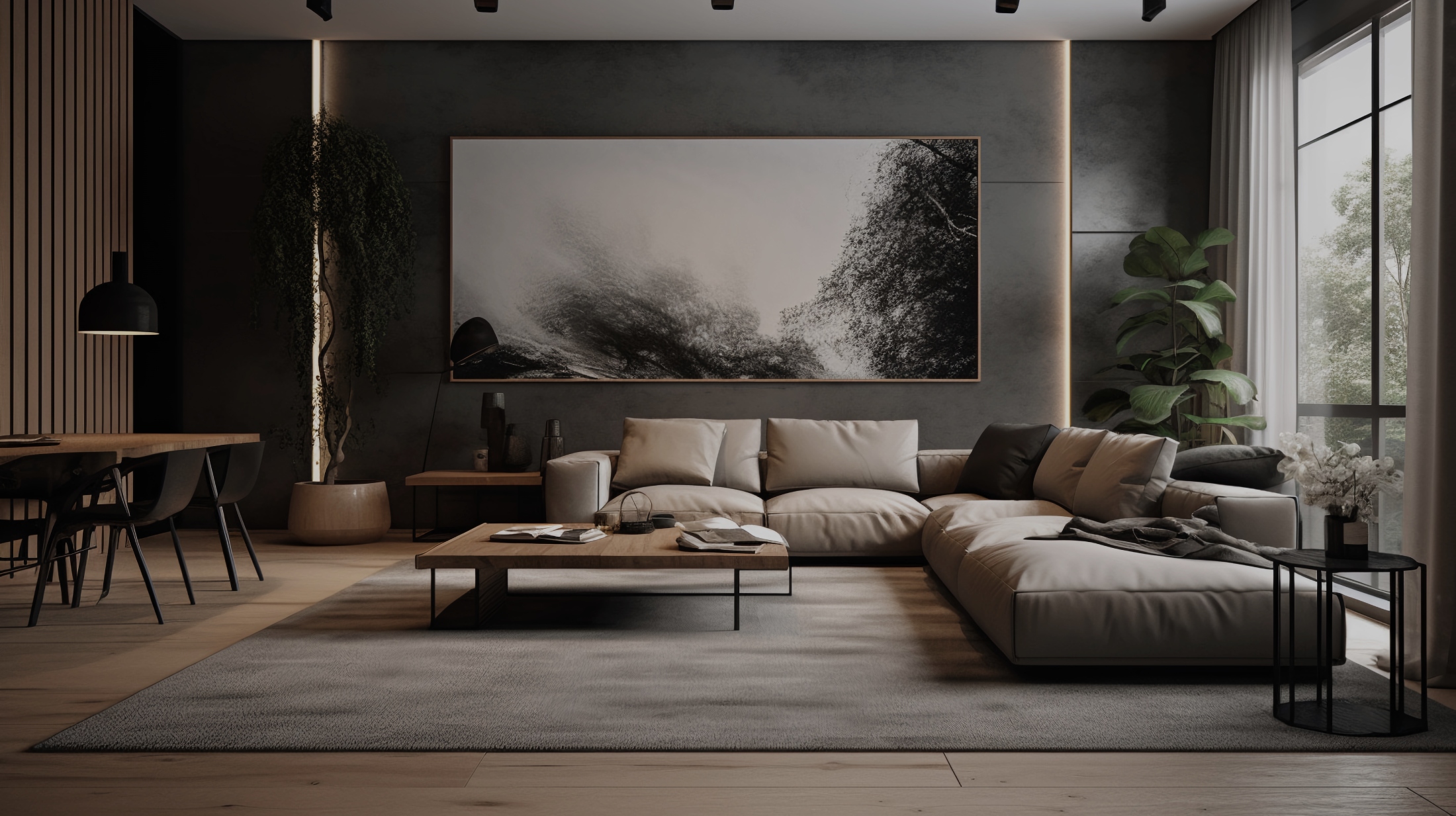 Modern interior design Atlanta GA living room with contemporary sectional sofa, wood coffee table, layered lighting, neutral tones, and minimalist décor.