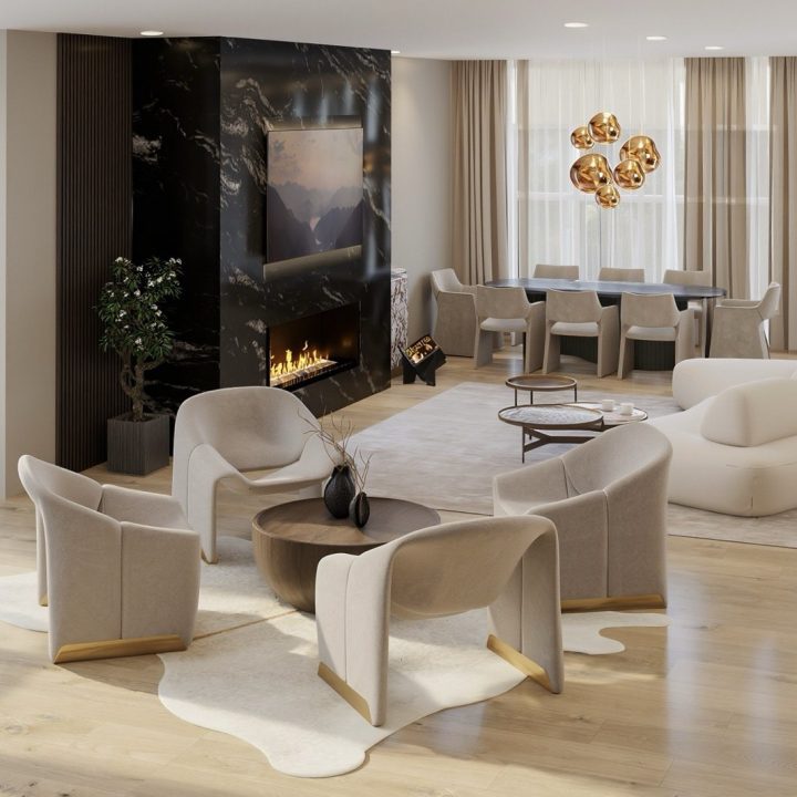 Modern luxury living room featuring a porcelain slab–cladded rectangular fireplace, fluted wood wall panels, ultramodern sectional sofa, layered glass and marble coffee table, lush area rug, and neutral calming décor