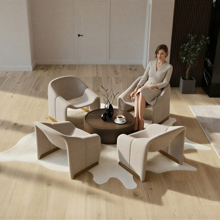 Modern sitting area with four ultramodern chairs around a wood drum table, elegant woman enjoying coffee, curated décor elements, and a serene, well-designed luxury living space.