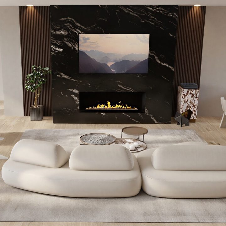 Close-up of modern porcelain slab cladded rectangular fireplace with fluted wood wall paneling in a luxury living room
