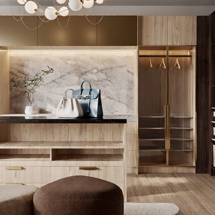 Custom walk-in closet storage with pull-out hampers, jewelry drawers, and accessory organizers