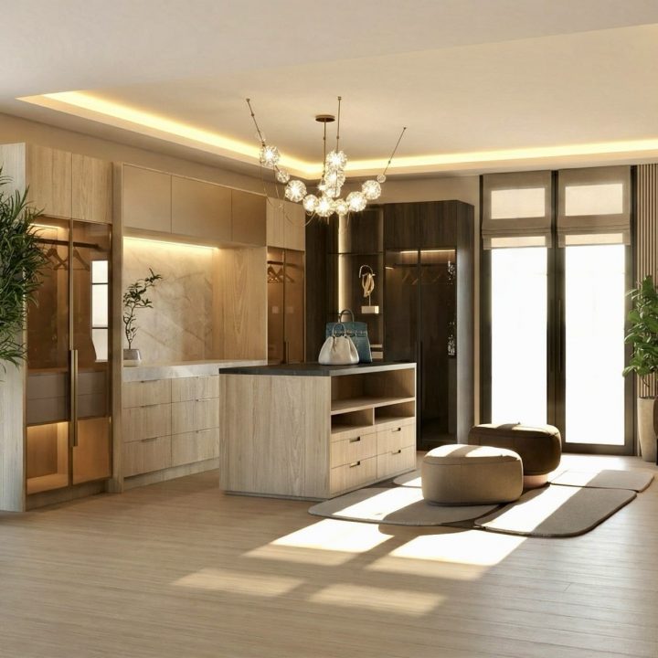 Luxury walk-in closet in Atlanta featuring two-tone cabinetry, porcelain slab countertops, tinted glass wardrobes, and central island with Coco de Mer chandelier