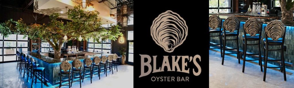 Luxury New Orleans–inspired oyster bar interior designed by Contemporary LUX featuring a 10-foot custom oak tree centerpiece, layered ambient lighting, custom bar stools with branded metal detailing, statement chandeliers, and immersive bayou-inspired décor