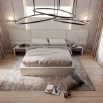 luxury primary bedroom interior design visualization Alpharetta GA with fluted wall panels and modern lighting