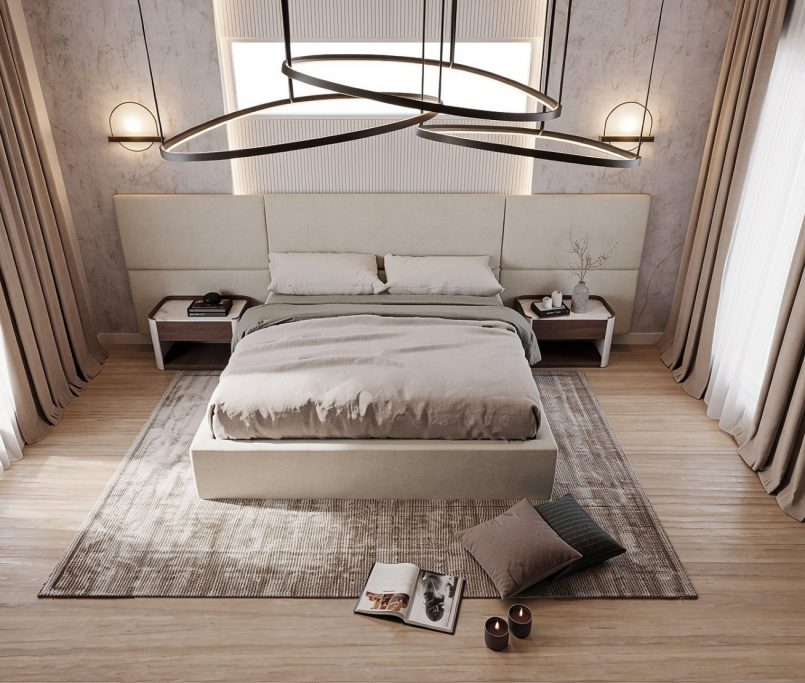 luxury primary bedroom interior design visualization Alpharetta GA with fluted wall panels and modern lighting
