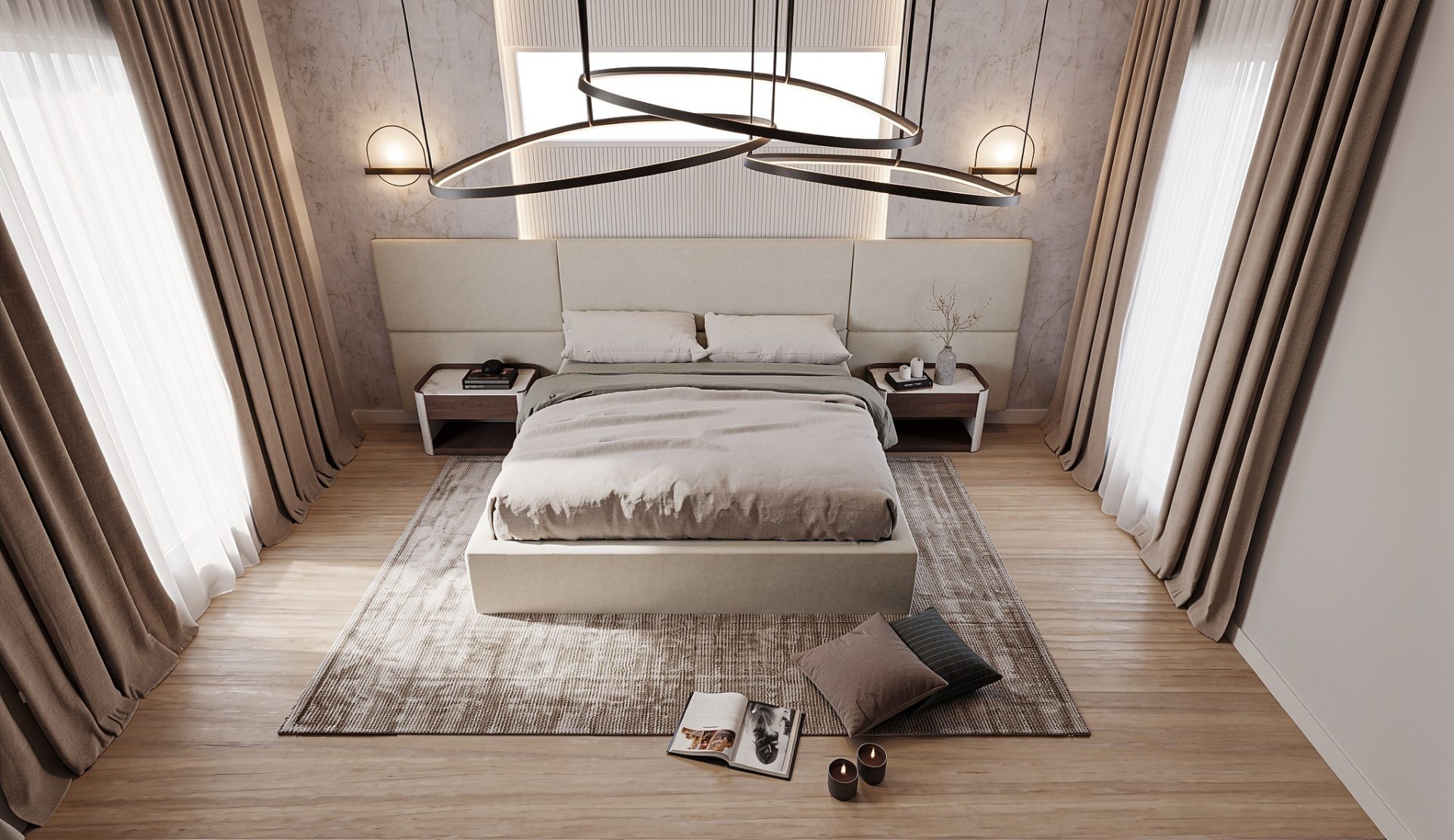 luxury primary bedroom interior design visualization Alpharetta GA with fluted wall panels and modern lighting