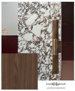 Color and Finish Consultation example featuring viola marble, walnut wood and brass pulls