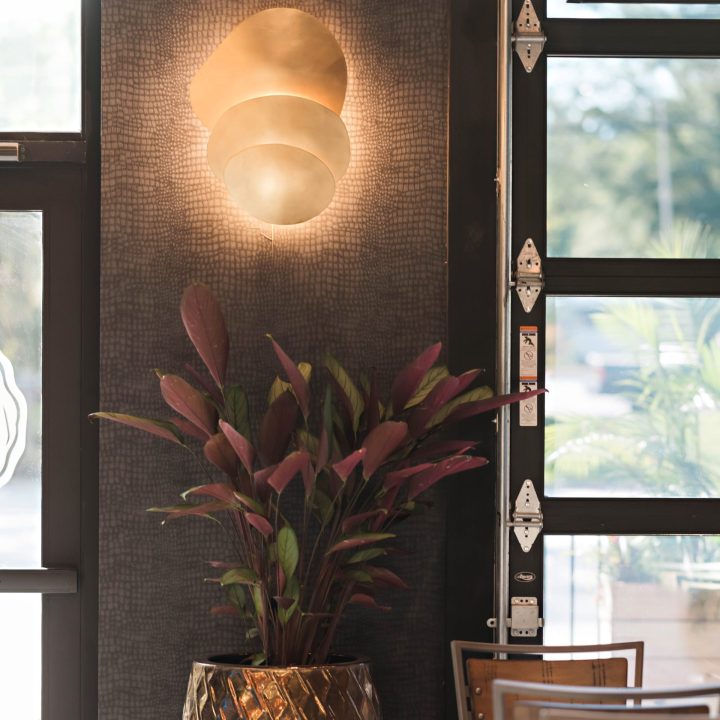 Sculptural oyster shell-inspired wall sconce against dark alligator-textured wallpaper, accented by tropical foliage and a metallic gold planter in a custom-designed Atlanta oyster bar.